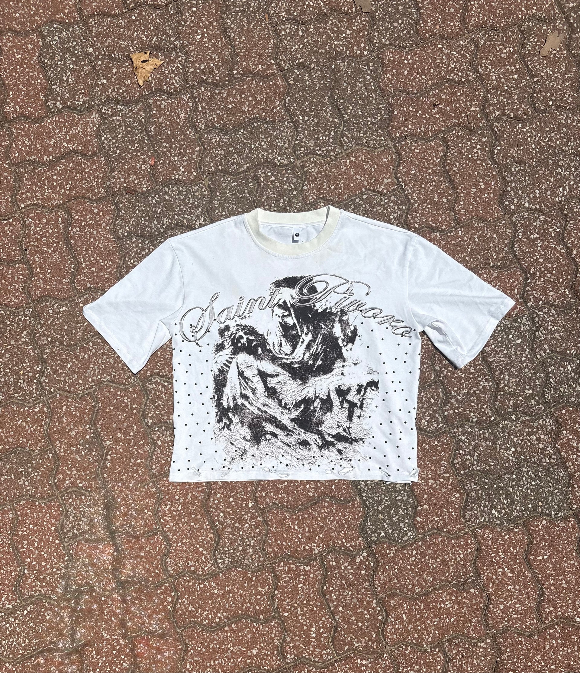 “Saint Pivoro” Boxy Cropped T-Shirt with Rhinestones